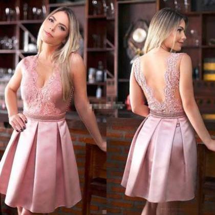 A-line V-neck Short Mini Satin Short Prom Dress Homecoming Dresses ...