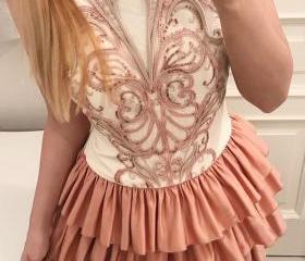 A-line Scoop Pink Lace Short Prom Dress Long Sleeve Homecoming Dress c3045