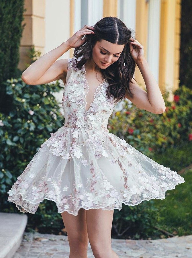 A-line V-neck Short Mini Tulle Short Prom Dress Homecoming Dresses Sky134