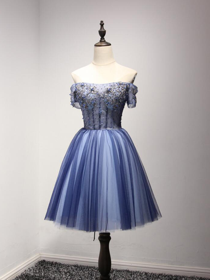 A-Line Off-the-Shoulder Short/Mini Tulle Prom Dresses With Beading main image 0