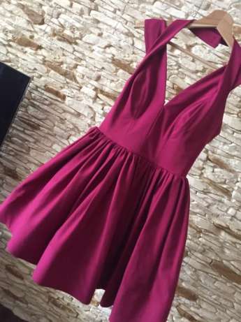 Short A Line V Neck Satin Lace Prom Dresses Burgundy Homecoming Dresses main image 0