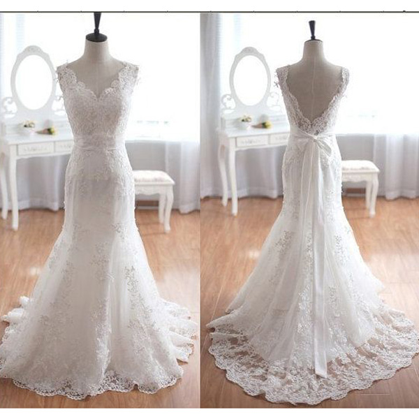 Classy Wedding Dresses,white Trumpet Mermaid V-neck Sweep Brush Train Tulle Evening Dress Wedding Dresses Sp8067