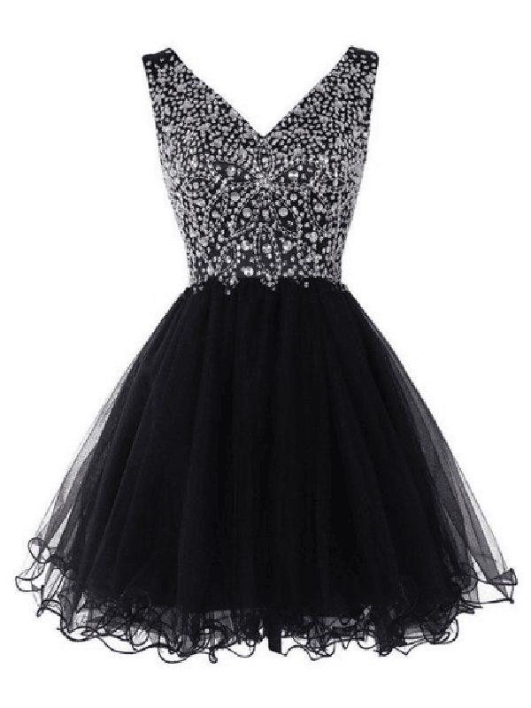Black Prom Dresses Strapless,Black A-line V-neck Short Mini Tulle ...