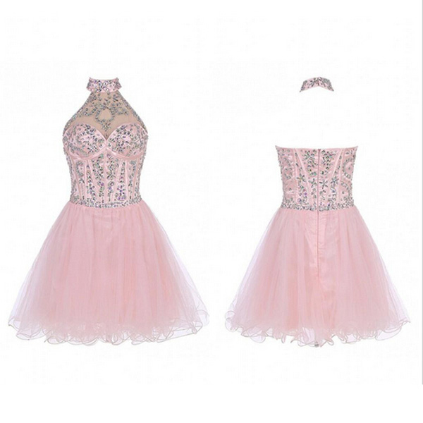 Pretty Prom Dresses,pink A-line Halter Short Mini Tulle Homecoming ...