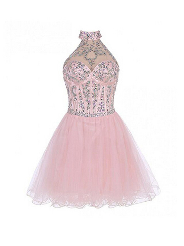 Pretty Prom Dresses,pink A-line Halter Short Mini Tulle Homecoming 