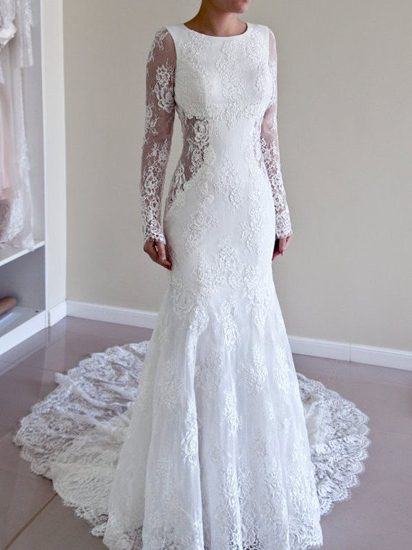 Round Neck Lace Sheer Cutout Mermaid Long Wedding Dress With Long Sleeves