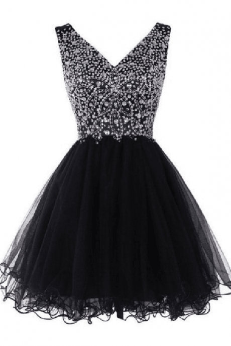 black prom dresses strapless,Black A-line V-neck Short Mini Tulle Homecoming Dress Short Prom Dresses SP8027