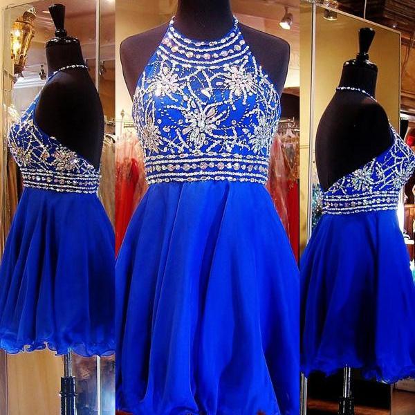 Graduacion Halter Royal Blue Bead Formal Dress with Pockets