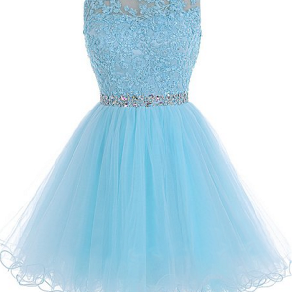 Open Back Prom Dresses,blue Aline Scoop Short Mini Tulle