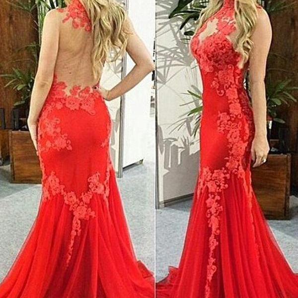 Stylish Sheath V Neck Ruffled Tiered Lace Red Floor Length Prom Dress main image 1