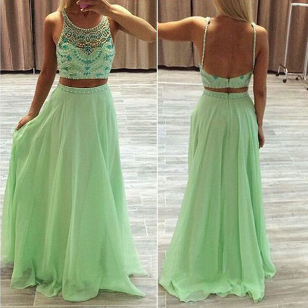 Two Piece Prom Dresses Sage A Line Scoop Floor Length Chiffon Evening