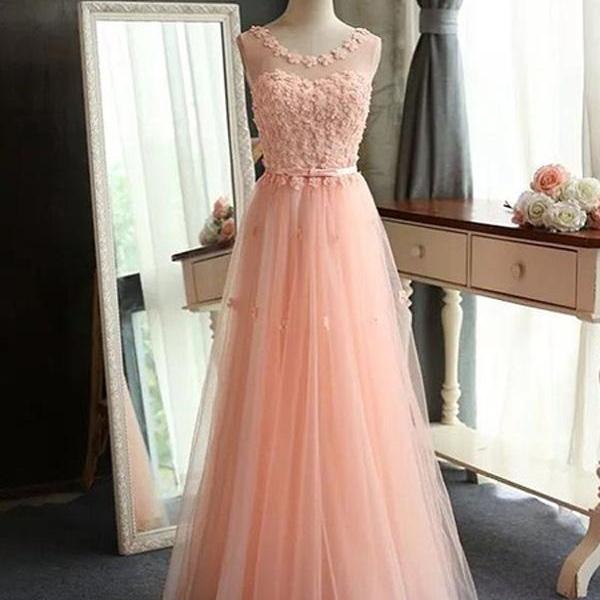 CHIC A-LINE SCOOP FLOOR LENGTH PINK TULLE APPLIQUE PROM DRESS EVENING DRESS Y1177