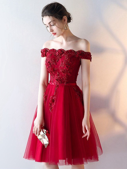 Charming A-line Off-the-shoulder Red Short Prom Dress Homecoming ...