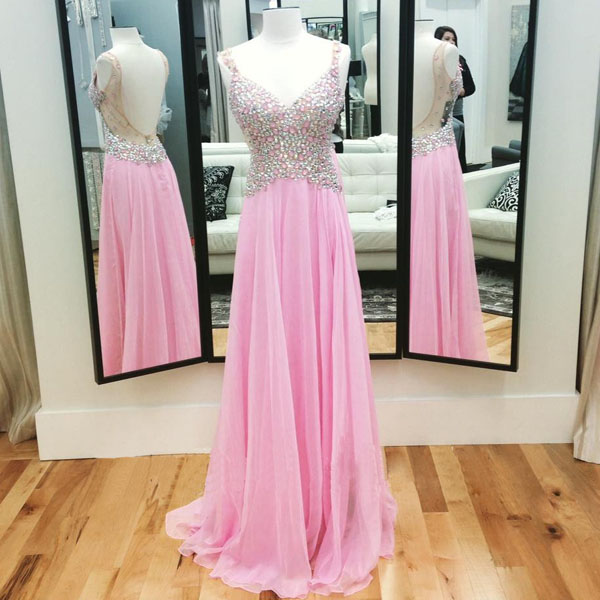 Pink Prom Dresses,Pink A-line Straps Floor-length Chiffon Evening Dress ...